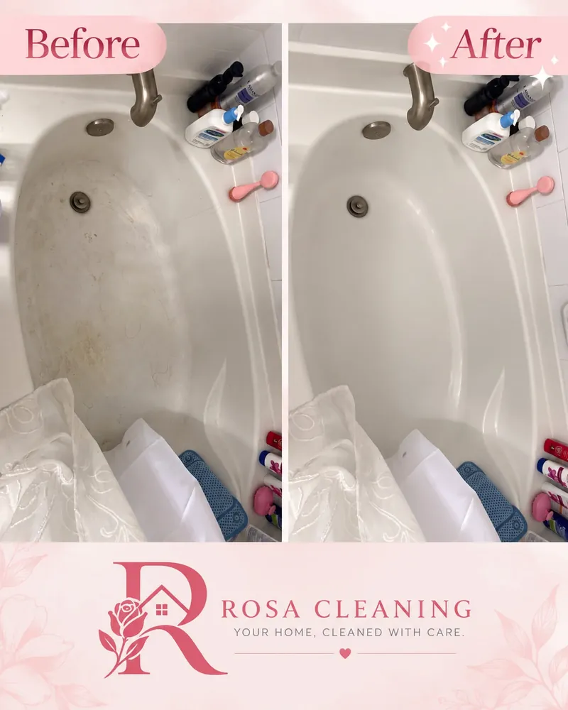 Bathtub before and after cleaning: stained, dirty tub floor, then a bright white tub