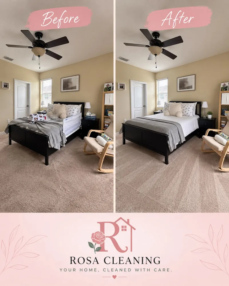Bedroom before and after: messy bed and carpet, then a made bed and freshly vacuumed carpet