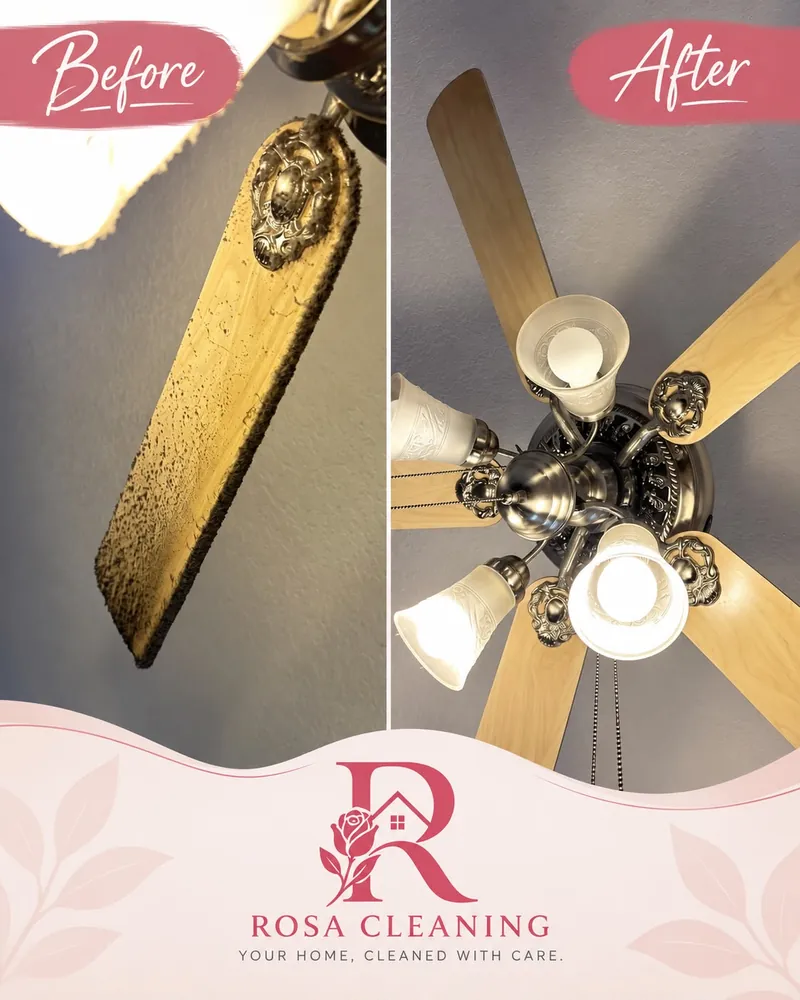 Ceiling fan before and after: blade covered in thick dust, then clean blades and light fixtures