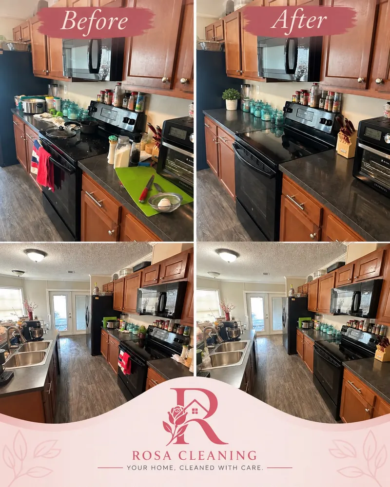Kitchen before and after cleaning: cluttered counters and stovetop, then clear, wiped counters and a clean black range