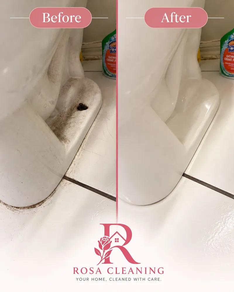 Toilet base before and after: grime and hair around the base, then clean white porcelain and floor