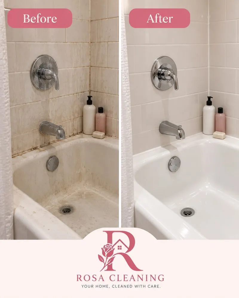 Tub and tile wall before and after: stained grout, tiles, and tub, then clean white tile and a shining tub