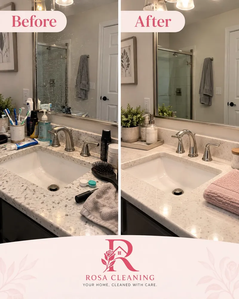 Bathroom vanity before and after: spotted mirror and cluttered counter, then a clear mirror and tidy, shining counter