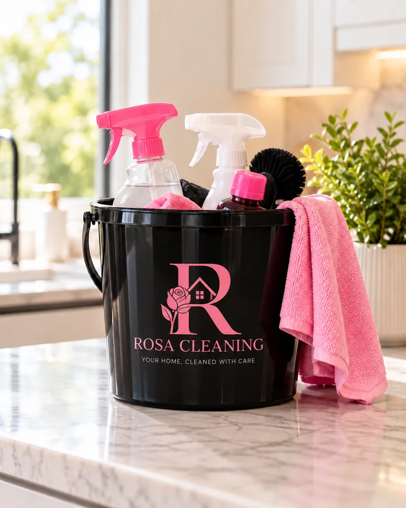 Rosa Cleaning bucket with spray bottles, brushes, and pink cloths on a marble kitchen counter