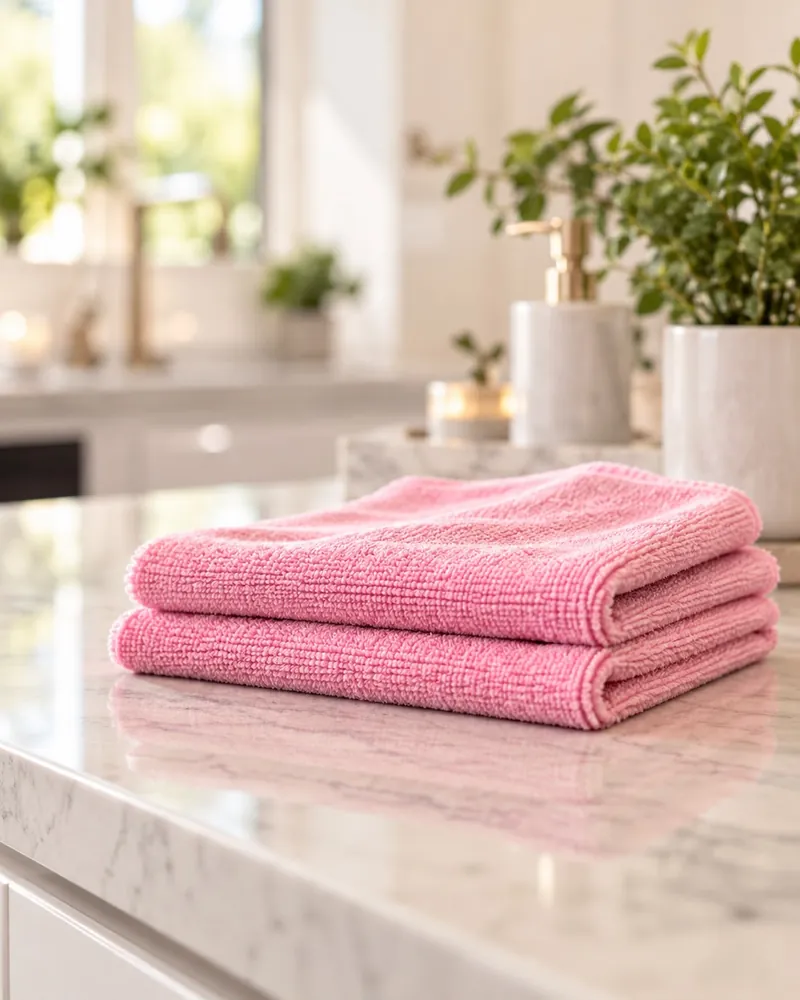 Two folded pink microfiber cloths on a marble counter